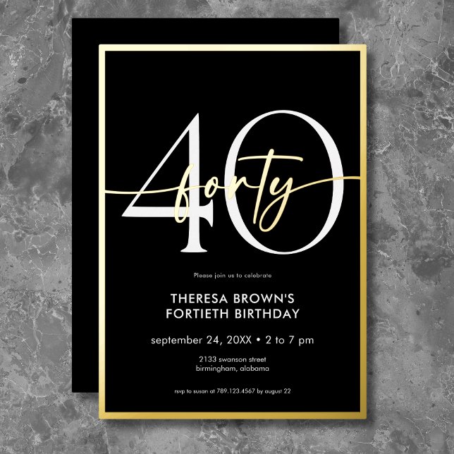Modern Minimal Black Gold Forty Script Birthday Foil Invitation (Creator Uploaded)