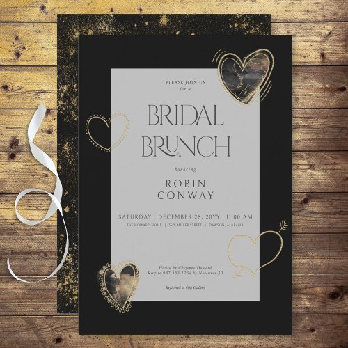 Modern Minimal Black  Gold Hearts Bridal Brunch Invitation