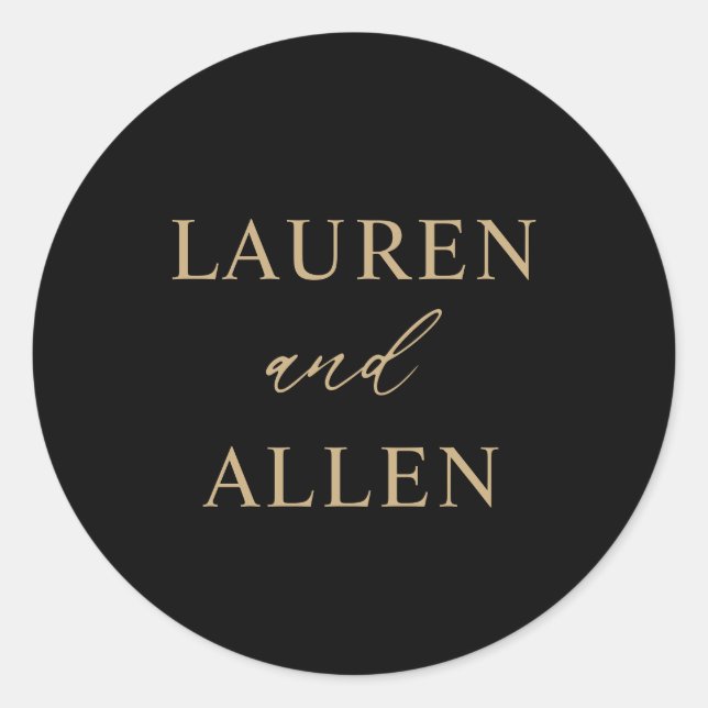 Modern Minimal Black Gold Wedding Classic Round Sticker (Front)