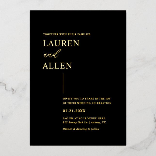 Modern Minimal Black Gold Wedding Foil Invitation (Front)