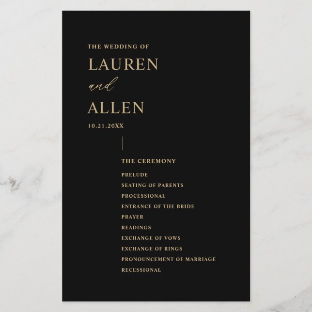 Modern Minimal Black Gold Wedding Program (Front)