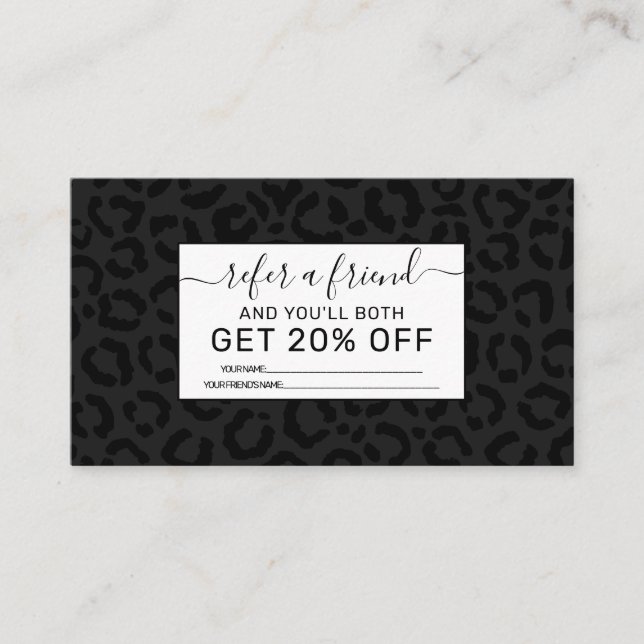Modern Minimal Black Leopard Print Referral Card (Front)