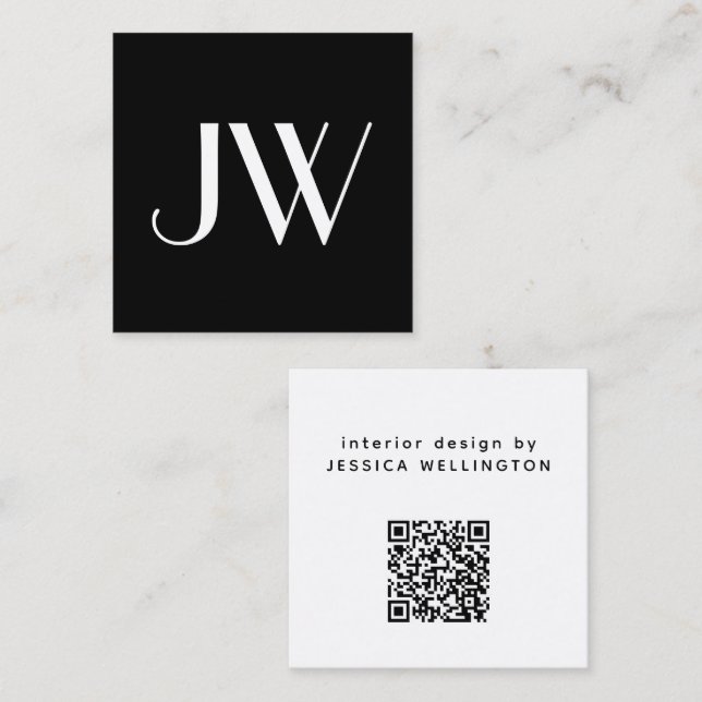 Modern Minimal Black Monogram Design QR Code Square Business Card (Front/Back)