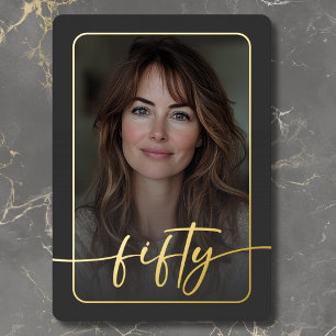 Modern Minimal Black Photo Fiftieth Birthday Foil Invitation