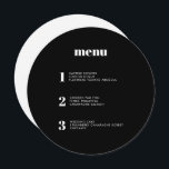 Modern Minimal Black Round Circle Wedding Menu<br><div class="desc">This contemporary wedding menu design features the courses of your wedding meal in simple fonts and a sleek and clean design. This solid black circle menu card certainly stands out from the crowd. Modern typography and menu design for a modern wedding. All elements are customizable - text, background and colors....</div>