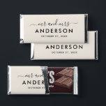 Modern Minimal Black Soft White Custom Mr and Mrs Hershey Bar Favors<br><div class="desc">Custom wedding Hershey's Miniatures candy favors displays a a modern and minimal "Mr and Mrs" script monogram design that can be personalized with your married last name in all caps sans serif text. Chic design features simple wedding date text and a thank you message appears on the back. The classic...</div>