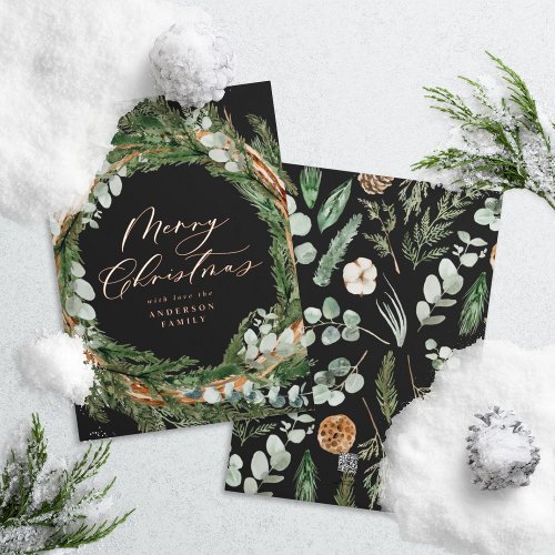 Modern minimal black watercolor wreath Christmas Foil Holiday Card