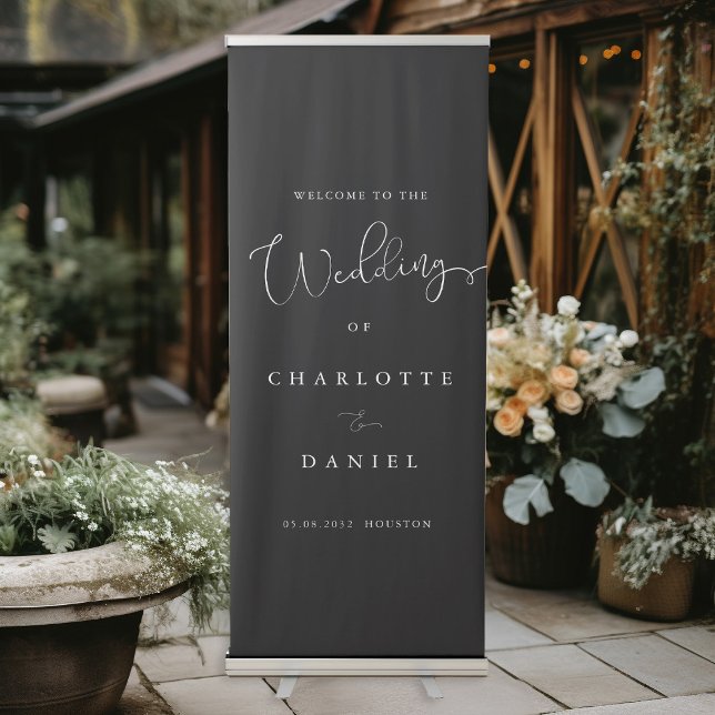 Modern, minimal, black wedding Retractable Banner (Modern, minimal, black, wedding, retractable banner. Elegant, luxury with handwriting typography.)