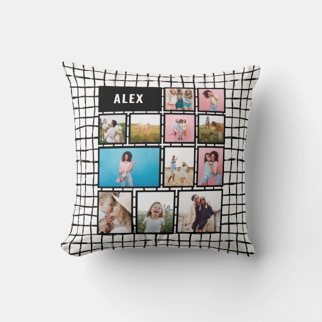 Modern minimal black white 12 photo family throw pillow (Front)