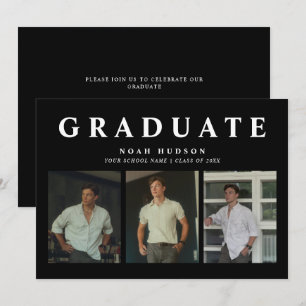 Modern Minimal Black & White 3 Photo Graduation Invitation