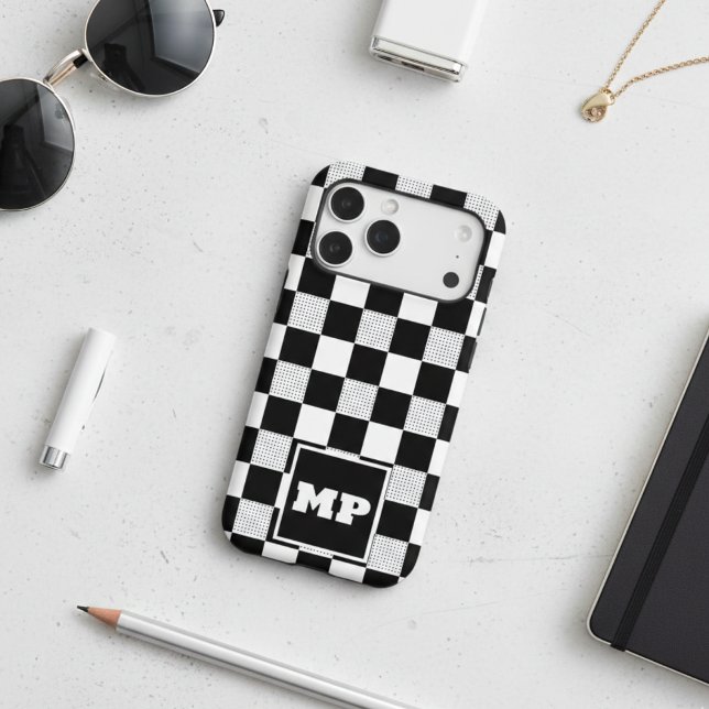 Modern Minimal Black White Checkerboard Monogram Case-Mate iPhone Case (Creator Uploaded)