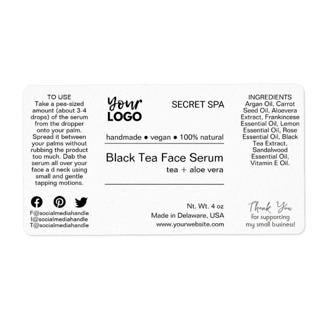 Modern Minimal Black & White Face Serum Product Label (Front)