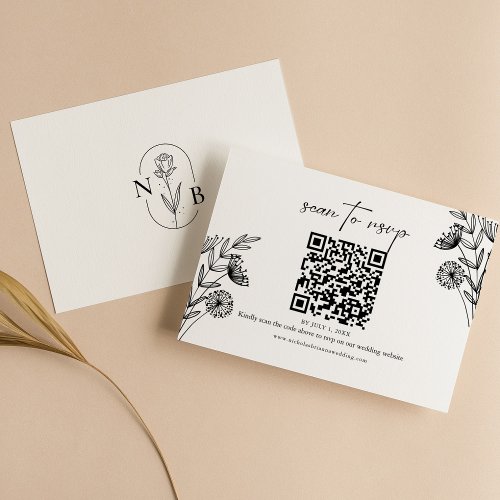 Modern Minimal Black White Floral Wedding QR Code RSVP Card