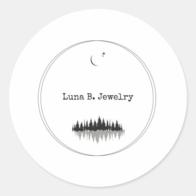 Modern Minimal Black & White Forest Moon Classic Round Sticker (Front)