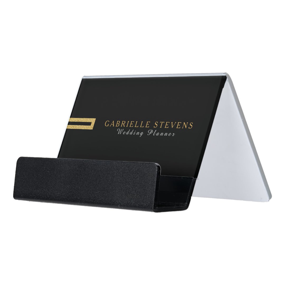 Modern Minimal Black & White Gold Accents Desk Business Card Holder