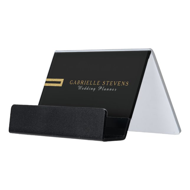 Modern Minimal Black & White Gold Accents Desk Business Card Holder (Angled Front)