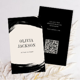 Modern Minimal Black White Paint Strokes QR Code Business Card