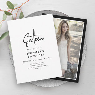 Modern Minimal Black & White Photo Sweet 16 Invitation