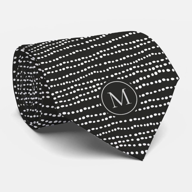 Modern Minimal Black & White Polka Dot Monogrammed Neck Tie (Rolled)