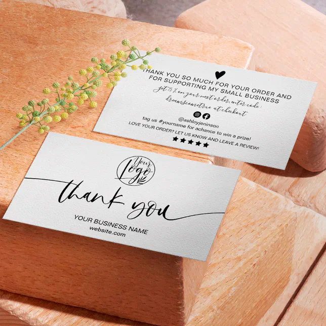 Modern minimal black white script order thank you business card | Zazzle