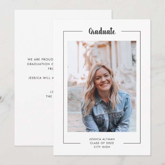 Modern Minimal Black White Script Photo Graduation (Front/Back)