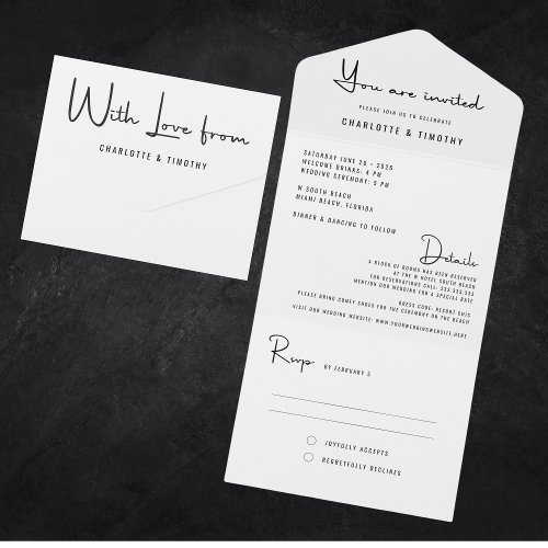 Modern Minimal Black White Script Wedding All In One Invitation