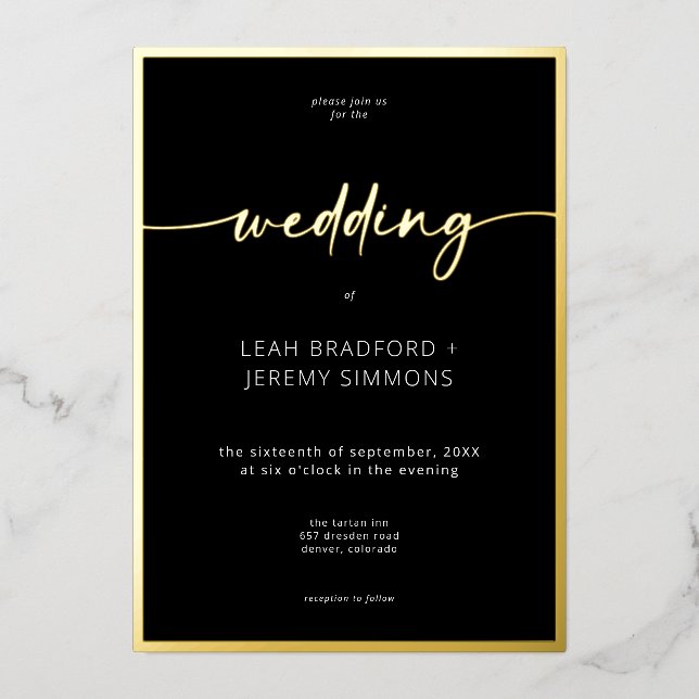 Modern Minimal Black White Script Wedding Foil Invitation (Front)