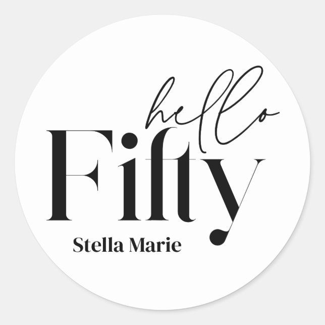 Modern minimal black white simple 50th birthday classic round sticker (Front)