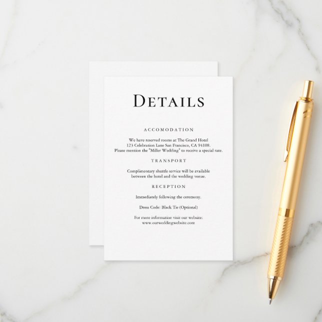 Modern Minimal Black & White Wedding Details Enclosure Card (Front/Back In Situ)
