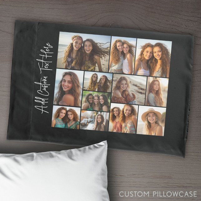 Modern Minimal Black with 12 Photo Gallery Pillow Case (Create Your Own Photo Collage Pillowcase)