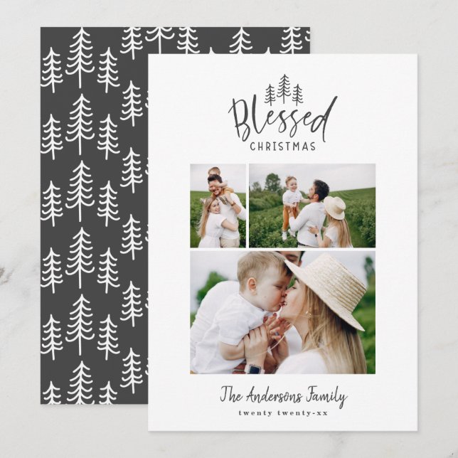 Modern minimal blessed Christmas rustic 3 photo Holiday Card (Front/Back)
