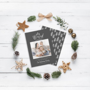Modern minimal blessed Christmas rustic photo Holiday Card