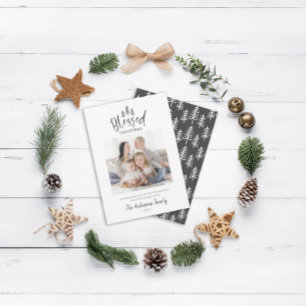 Modern minimal blessed Christmas rustic photo Holiday Card