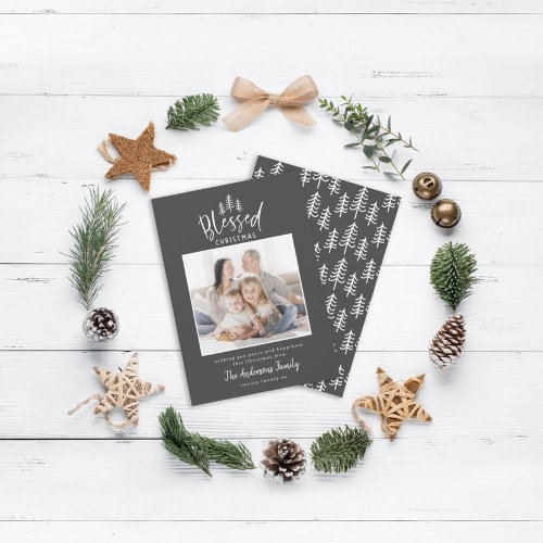 Modern minimal blessed Christmas rustic photo Holiday Card