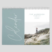 Modern minimal blue 2 photo family elegant calendar