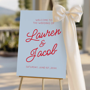 Modern Minimal Blue and Red Wedding Welcome Sign