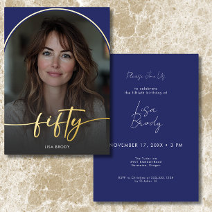 Modern Minimal Blue Arch Fiftieth Birthday Foil Invitation