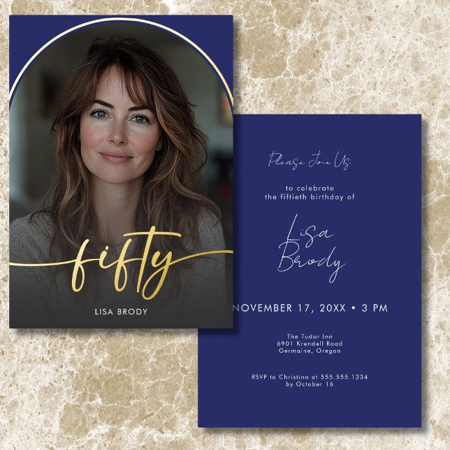 Modern Minimal Blue Arch Fiftieth Birthday Foil Invitation (Modern Minimal Blue Arch Fiftieth Birthday Foil Invitation)