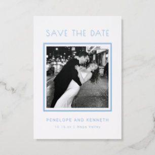 Modern Minimal Blue Border Photo Save the Date Letterpress Photo Cards