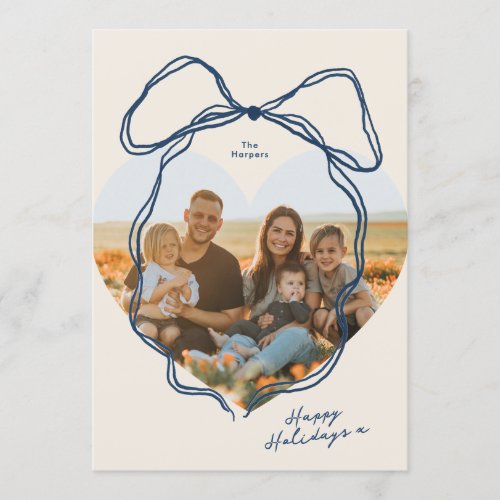 Modern Minimal Blue Bow Heart Shaped Family Photo Holiday Card
