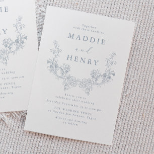 Modern Minimal Blue Floral Line Art Wedding Invitation