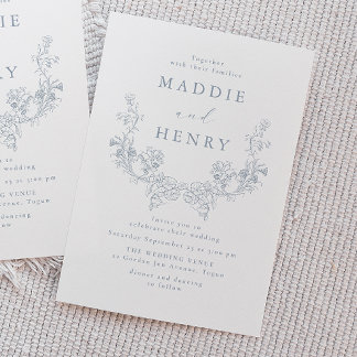 Modern Minimal Blue Floral Line Art Wedding Invitation