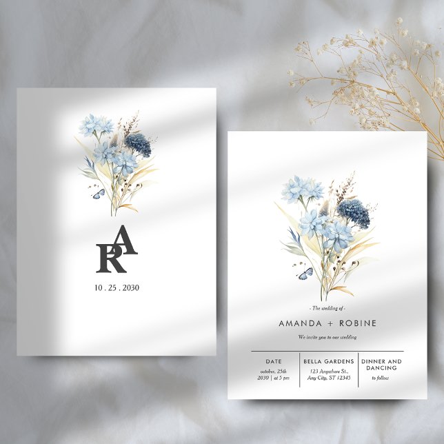 Modern Minimal Blue Floral Wedding Invitation (Creator Uploaded)