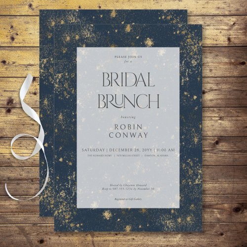 Modern Minimal Blue  Gold Glitter Bridal Brunch Invitation