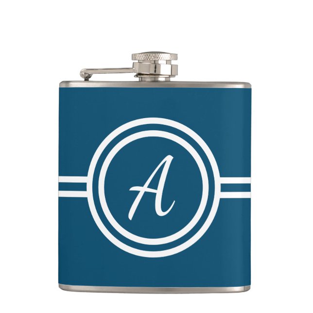 Modern Minimal Blue Monogram Initial Flask (Front)