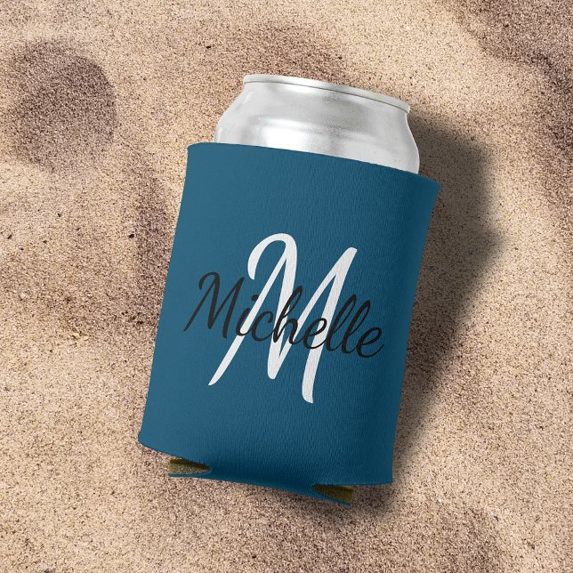 Modern Minimal Blue Monogram Name + Initial Can Cooler (Creator Uploaded)