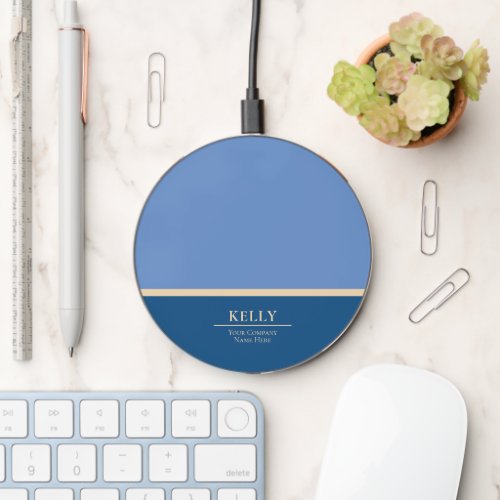 Modern Minimal Blue Monogram Name Wireless Charger