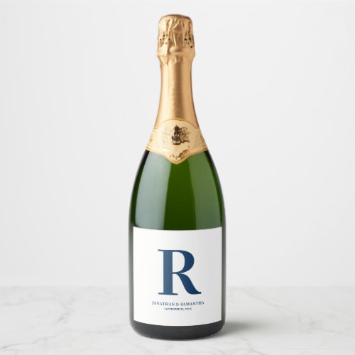 Modern Minimal Blue Monogram Wedding  Sparkling Wine Label