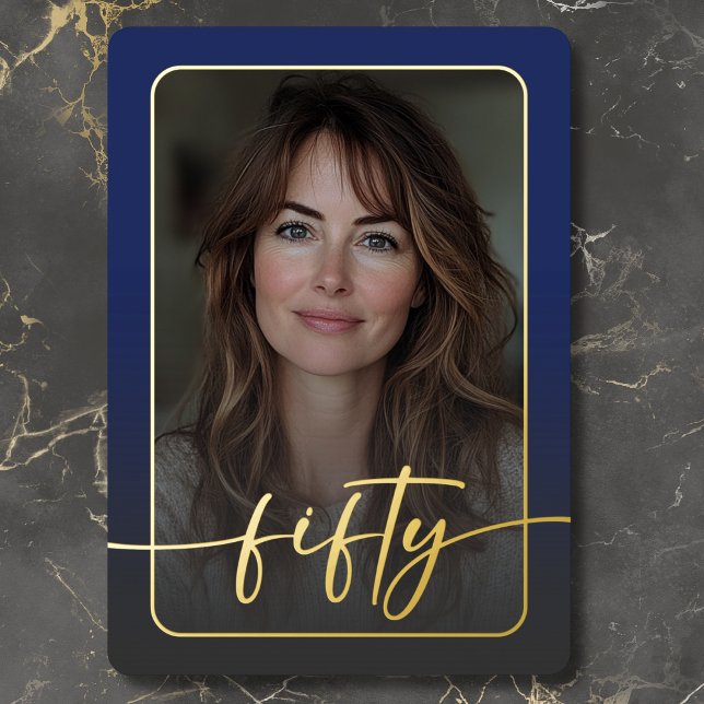 Modern Minimal Blue Photo Fiftieth Birthday Foil Invitation (Modern Minimal Blue Photo Fiftieth Birthday Foil Invitation)