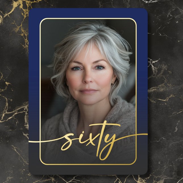 Modern Minimal Blue Photo Sixtieth Birthday Foil Invitation (Modern Minimal Blue Photo Sixtieth Birthday Foil Invitation)